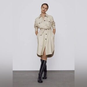 New ZARA Faux Leather Long Overshirt/Coat Cream